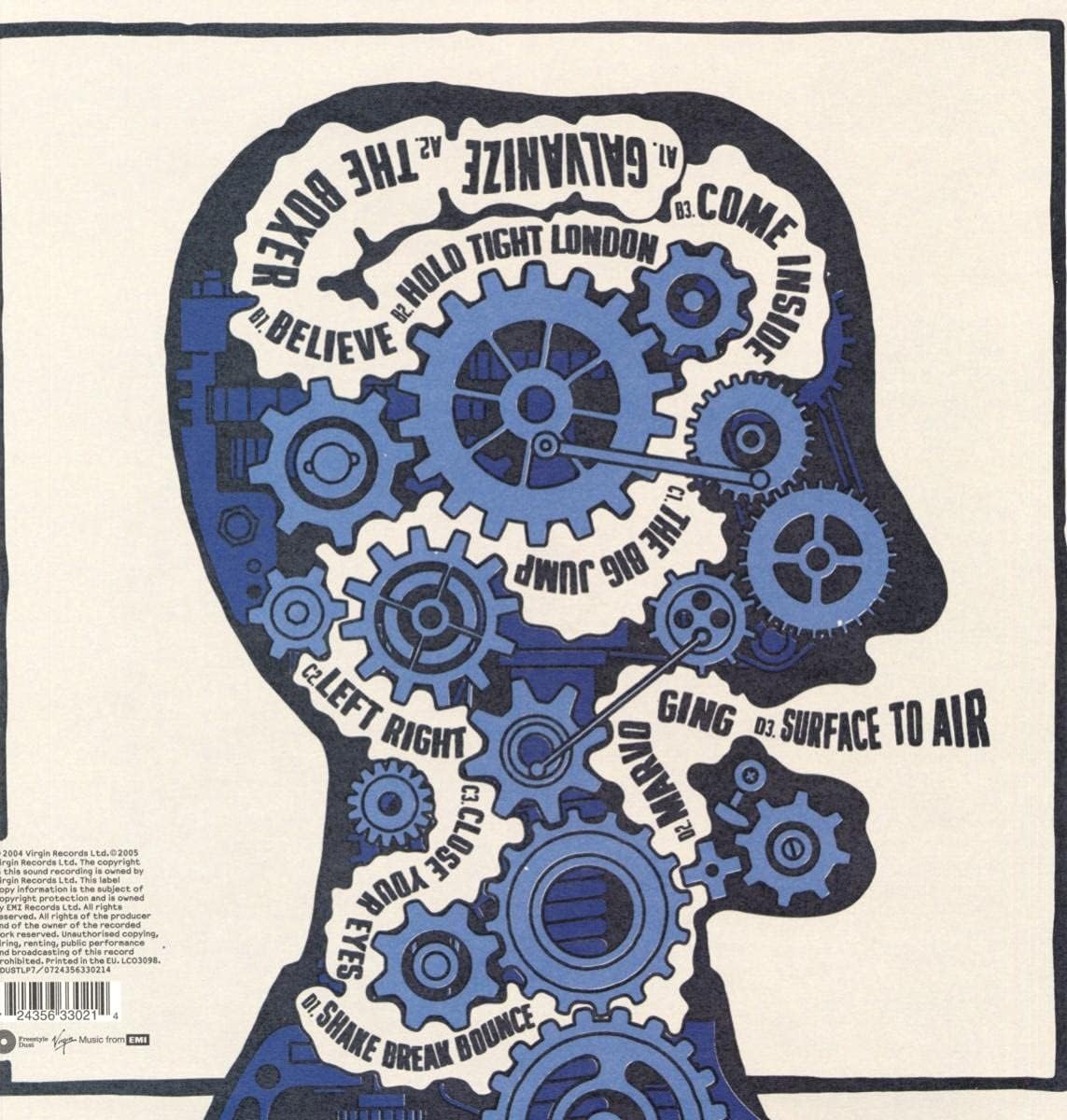 Album cover art for The Chemical Brothers' Push The Button LP, featuring a silhouette of a head with gears and text representing track names.