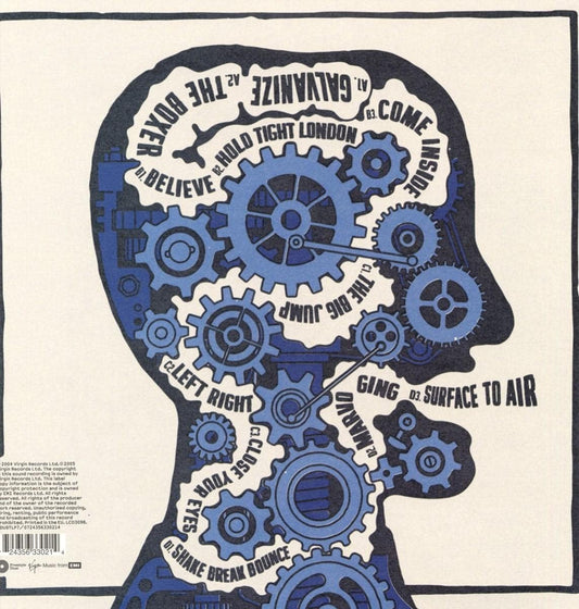 Album cover art for The Chemical Brothers' Push The Button LP, featuring a silhouette of a head with gears and text representing track names.