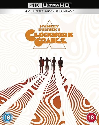 4K Ultra HD Blu-ray cover of 'A Clockwork Orange' with stylized figures and abstract patterns.