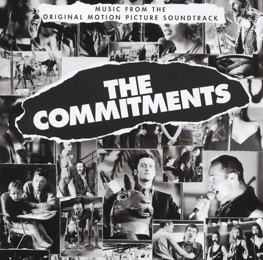 The cover of 'The Commitments' audio CD featuring a collage of black and white images from the movie with a central image of the lead singer on stage.