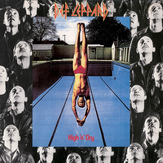 Album cover of Def Leppard's 'High 'N' Dry' featuring a person diving into a pool, surrounded by a collage of the band members' faces.