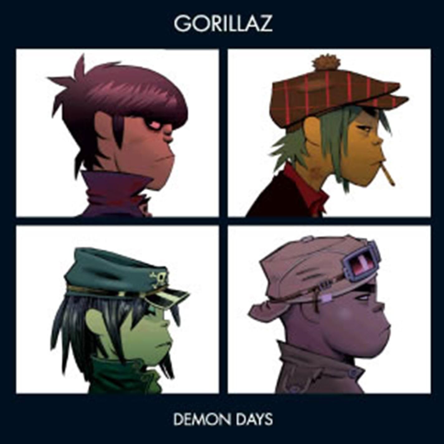 Four profile views of animated characters with the title 'Demon Days' by Gorillaz.