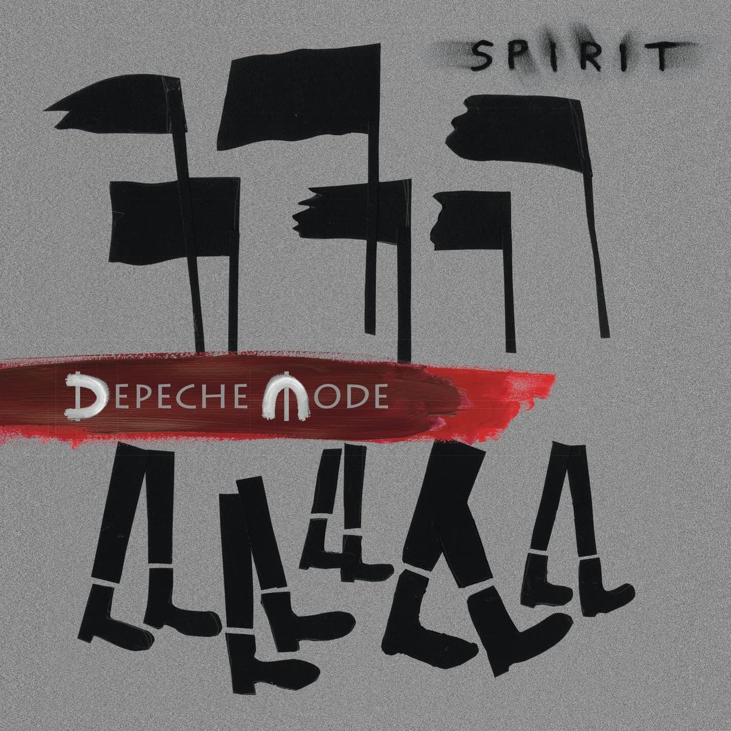 Depeche Mode Spirit album cover featuring silhouettes of flags and boots on a grey background with the band's name at the bottom.