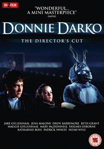 DVD cover for 'Donnie Darko - The Director's Cut' featuring a stylized image of the main character Donnie Darko with a bunny face, set against a dark background. The cover also displays the names of the main actors and the film's runtime.