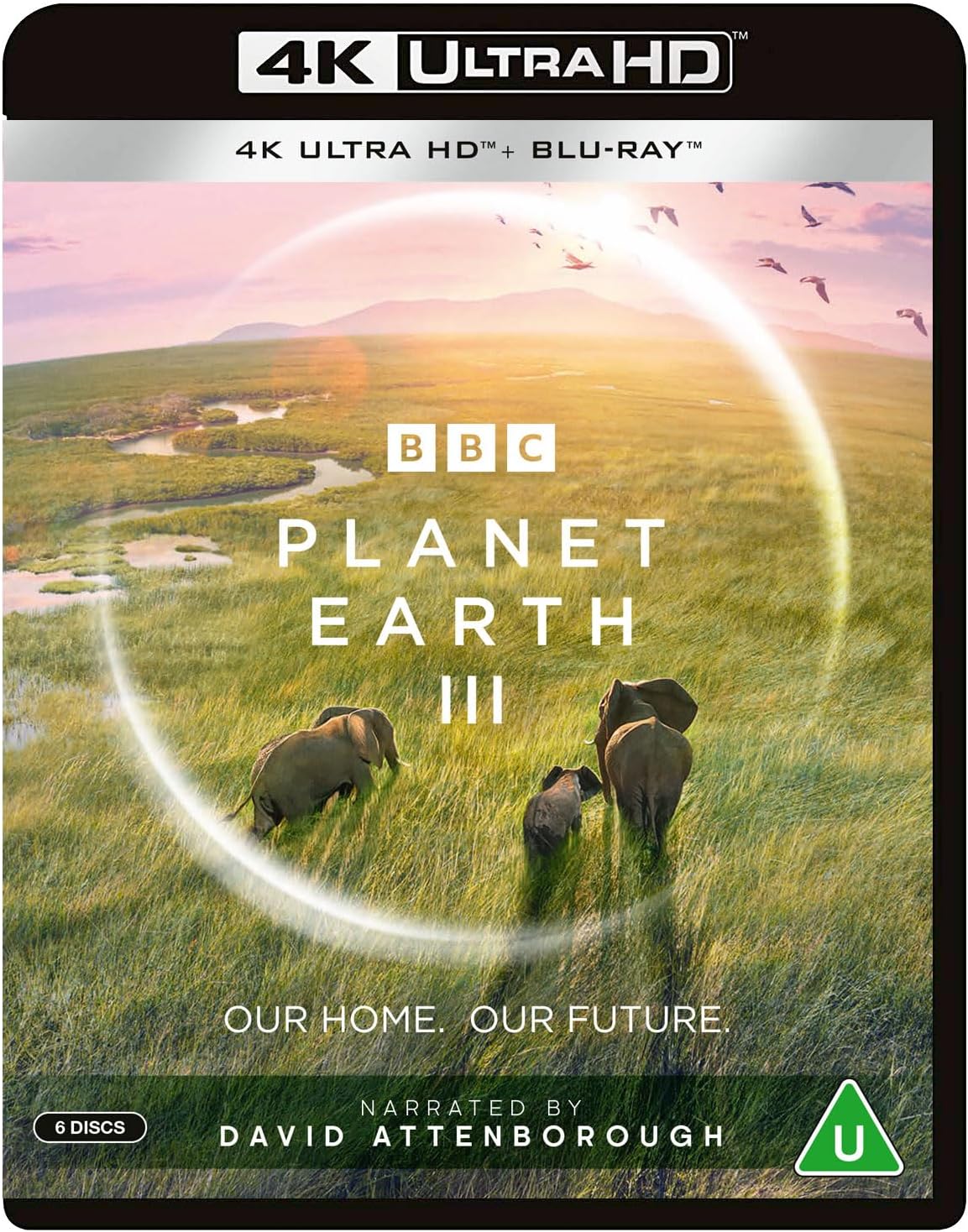 Packaging for 'Planet Earth III' 4K Ultra-HD Blu-ray with a landscape image and two elephants in the foreground.