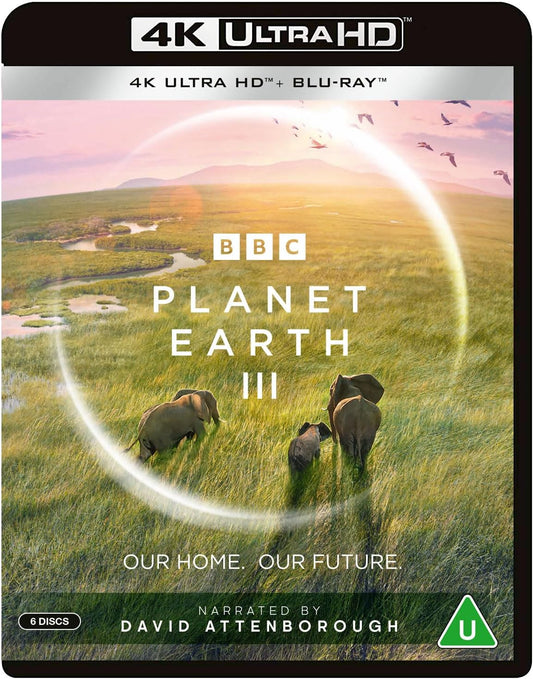 Packaging for 'Planet Earth III' 4K Ultra-HD Blu-ray with a landscape image and two elephants in the foreground.