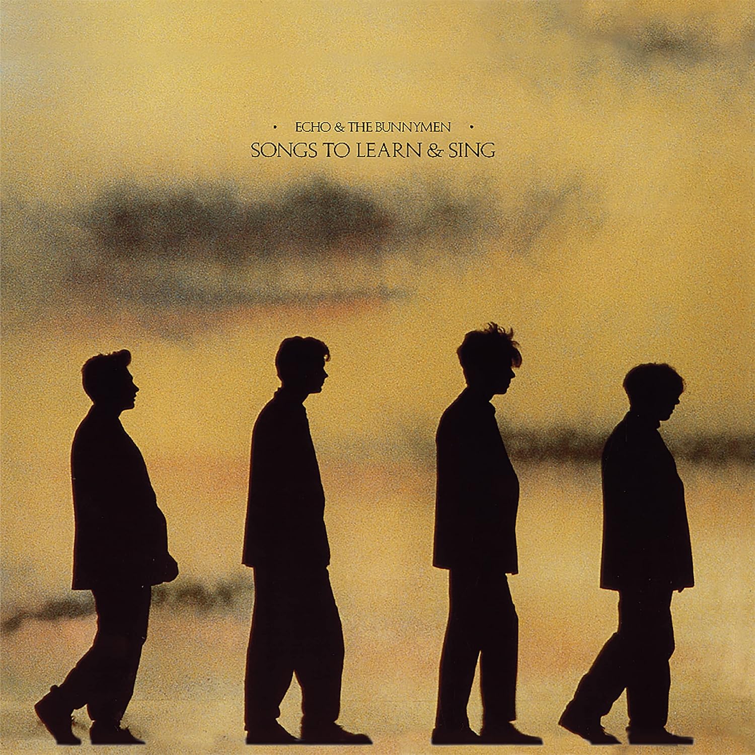 Silhouette of four individuals walking in a line with a backdrop suggesting either a sunset or sunrise. The individual in the center is slightly ahead and appears to be looking towards the camera.