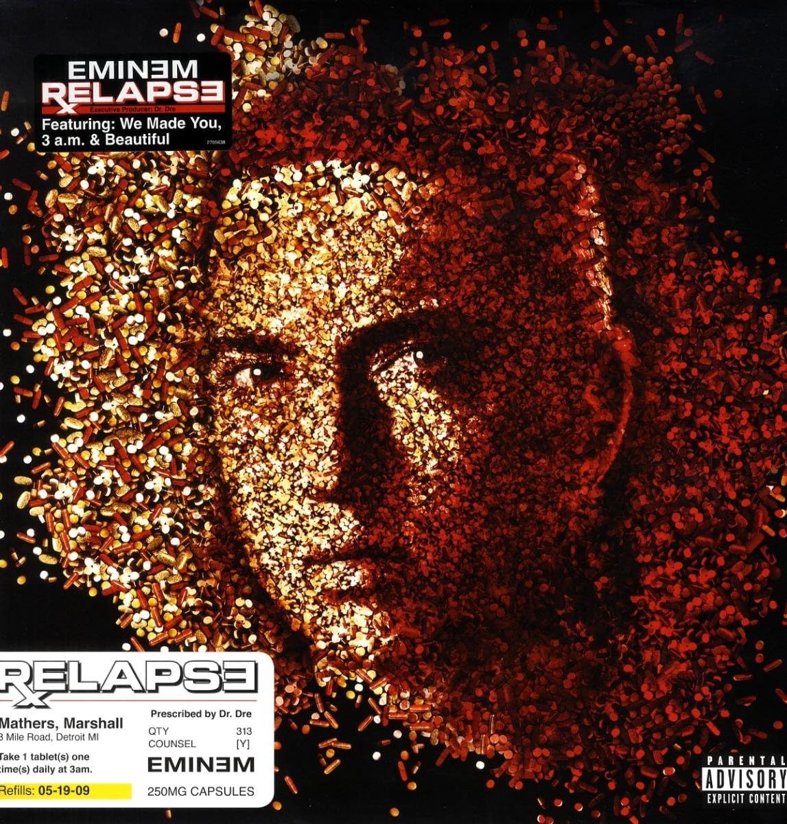 Eminem Relapse LP album cover featuring a stylized image of Eminem's face made up of many small, red-brown pieces.