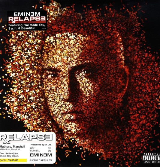 Eminem Relapse LP album cover featuring a stylized image of Eminem's face made up of many small, red-brown pieces.
