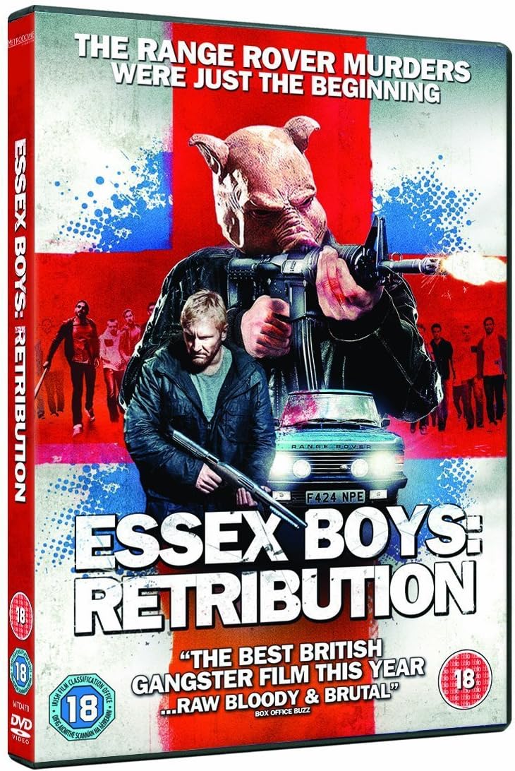 DVD cover of 'Essex Boys: Retribution' with a man holding a gun and a pig mask, set against a red and white background.