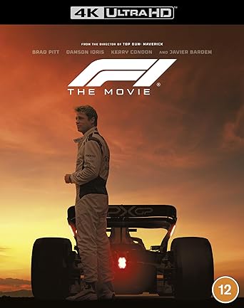 Movie poster with a person standing next to a race car against a sunset sky, featuring 4K Ultra HD branding.