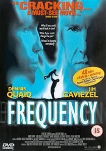 Movie poster for 'Frequency' featuring Dennis Quaid and Jim Caviezel.