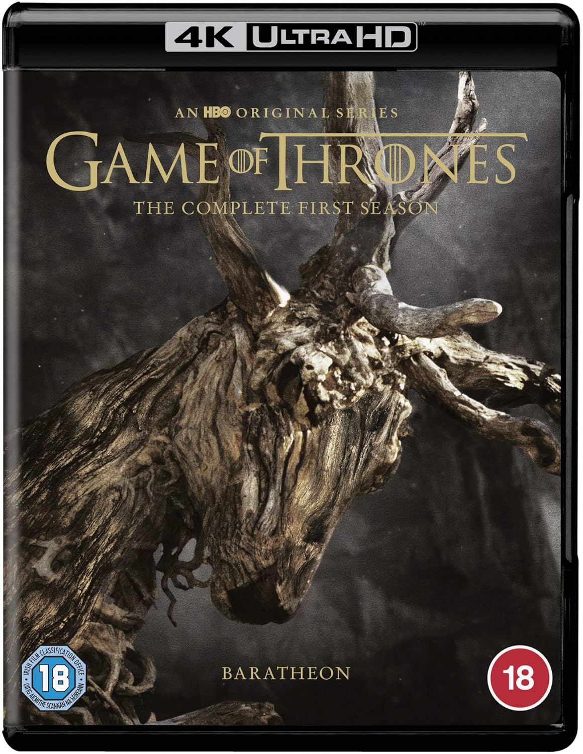 Game of Thrones DVD cover for the first season with a deer head on a dark background