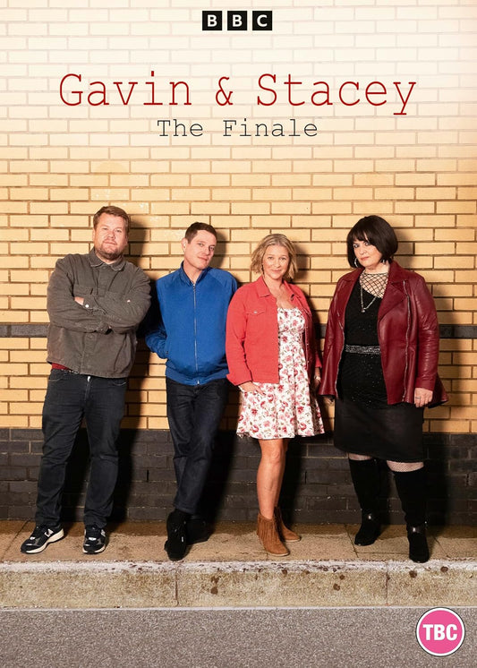 DVD cover for 'Gavin & Stacey: The Finale' featuring three main characters posing against a brick wall, with the BBC and TBC logos at the top.