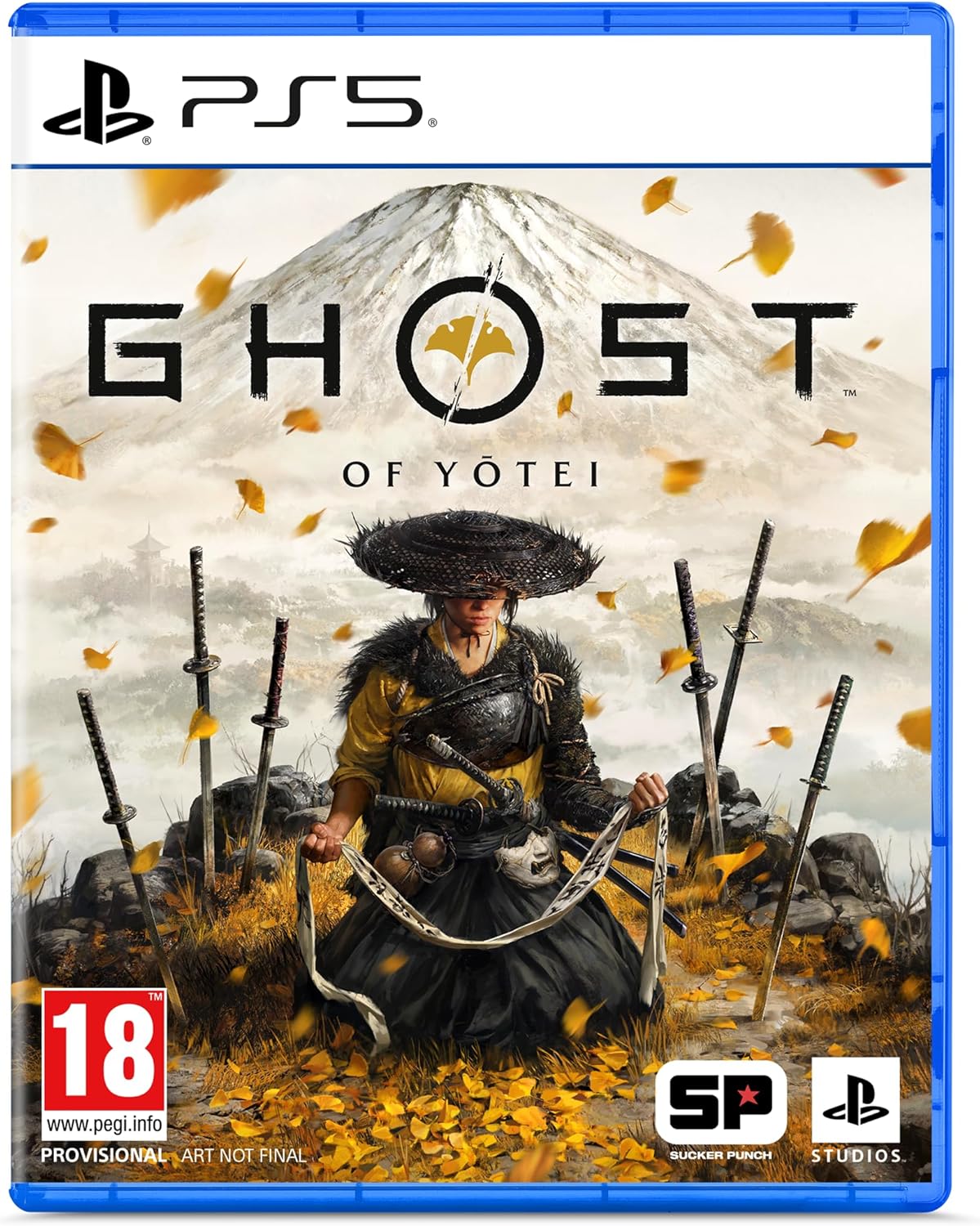 Game case for 'Ghost of Yotei' on PS5 with a samurai character and mountain background.