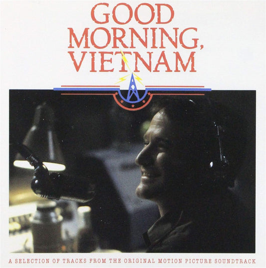Audio CD cover for 'Good Morning, Vietnam' soundtrack featuring a black and white image of a man smiling, seated at a radio station desk.