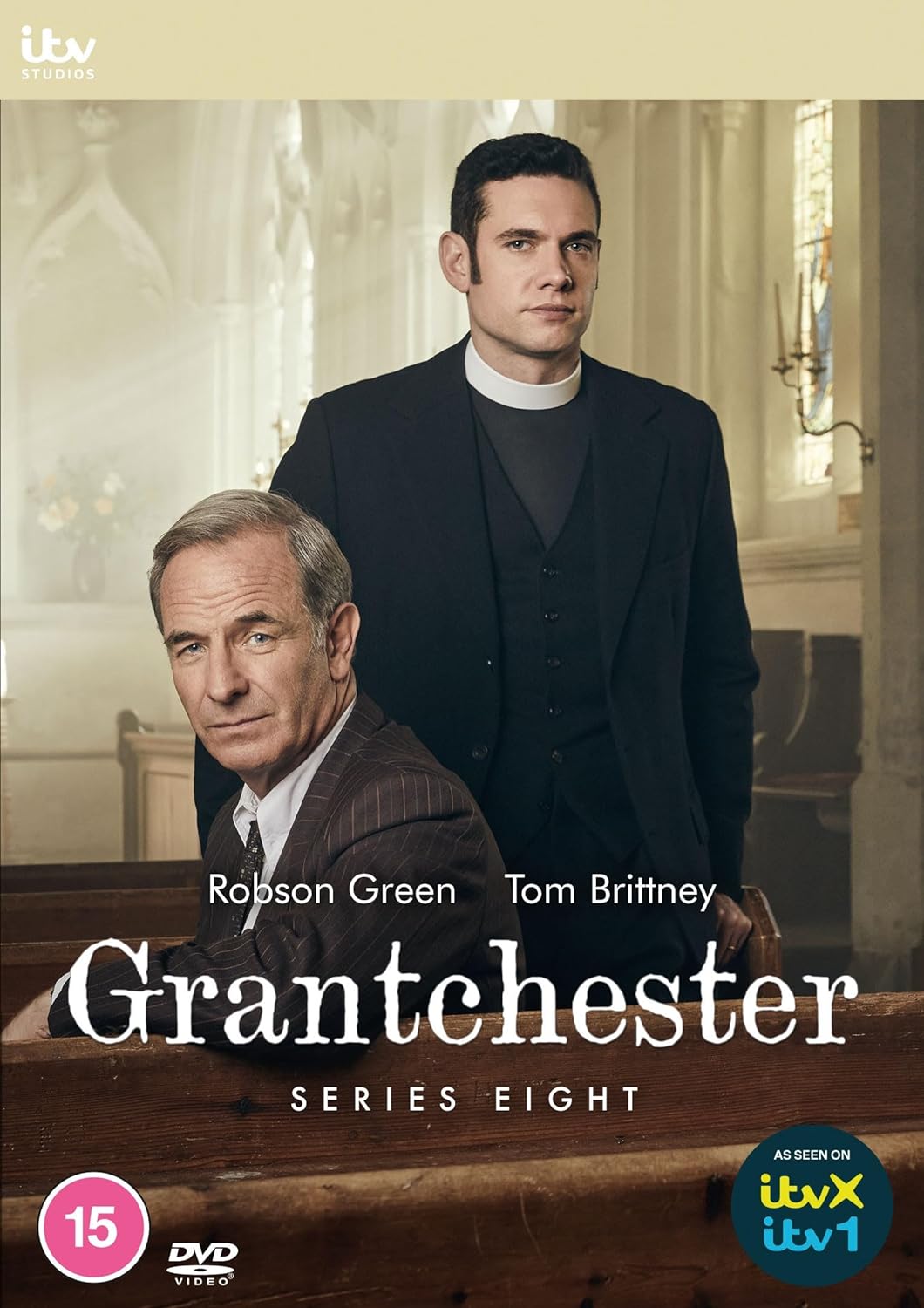 DVD cover for 'Grantchester: Series 8' featuring two male characters, one in a black suit and the other in a gray sweater, seated in a church pew.