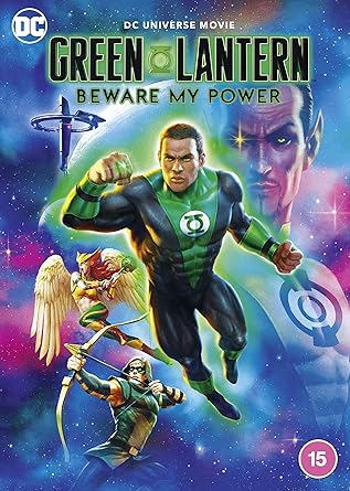 Movie poster for 'Green Lantern: Beware My Power' featuring a superhero in a green suit with a cosmic background.