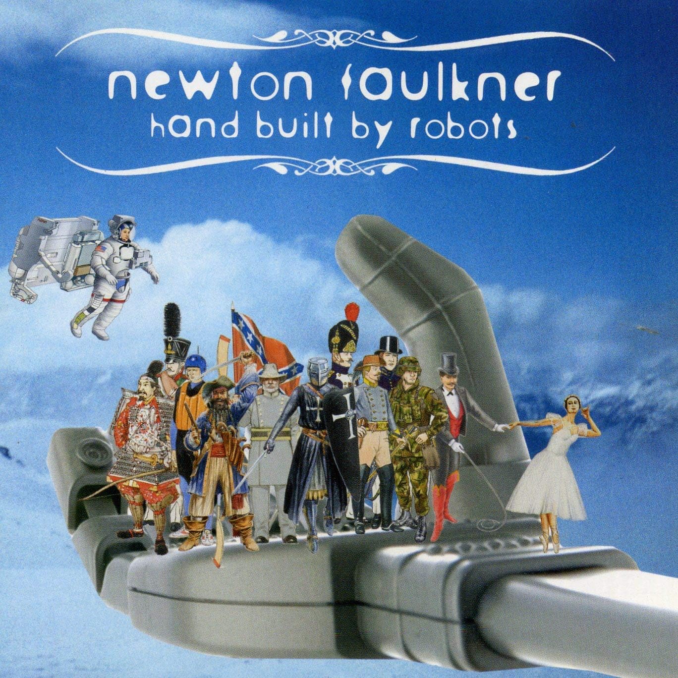 Album cover for Newton Faulkner 'Hand Built By Robots' featuring an illustration of the artist in various costumes and robot figures against a blue sky background.