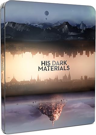 Steelbook cover of 'His Dark Materials' with mountain and cityscape design.