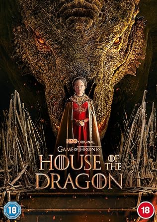 Cover art for 'House of the Dragon: Season 1' DVD featuring a character in a red dress with a fantastical beast in the background, indicating a fantasy series theme.