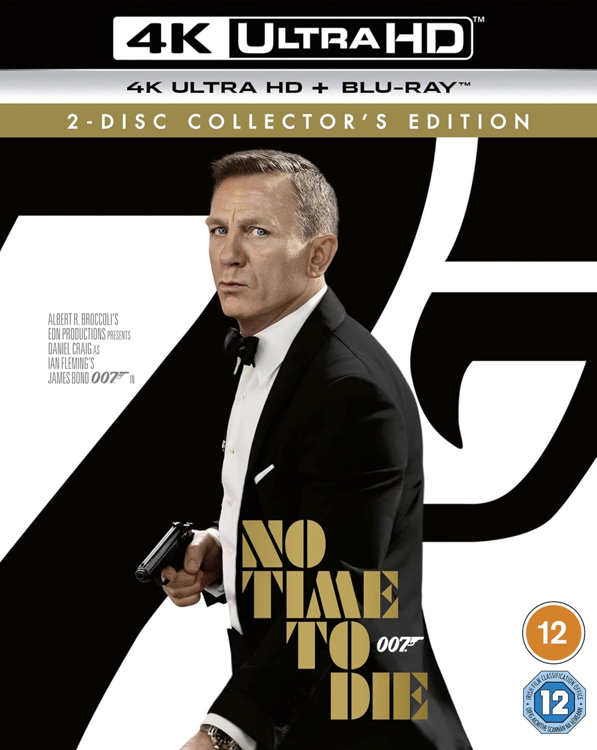 Blu-ray cover of 'No Time to Die' featuring a man in a suit with a gun, 4K Ultra HD and Blu-ray branding.