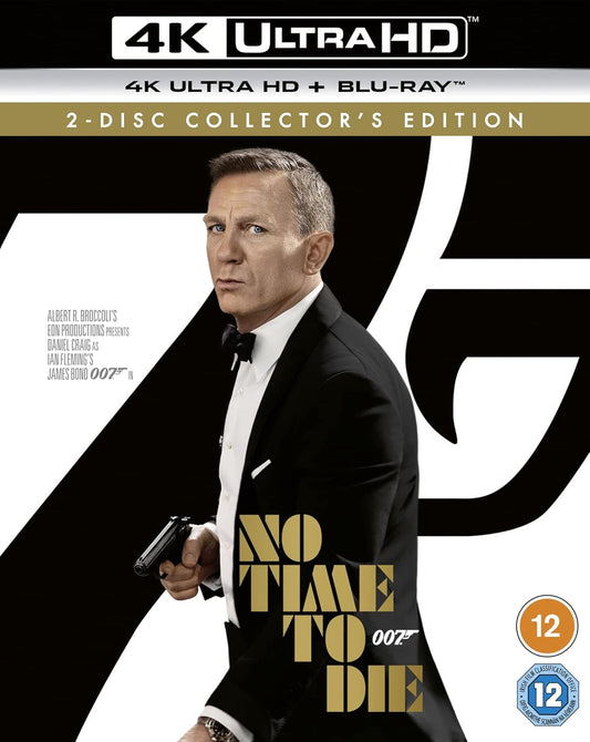 Blu-ray cover of 'No Time to Die' featuring a man in a suit with a gun, 4K Ultra HD and Blu-ray branding.
