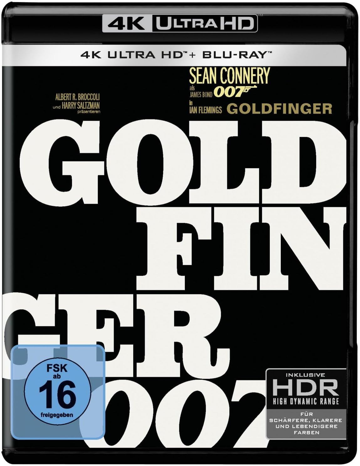 4K Ultra HD Blu-ray cover of 'Goldfinger' featuring Sean Connery as James Bond.