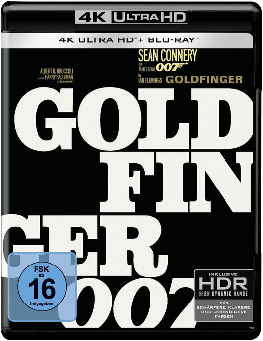 4K Ultra HD Blu-ray cover of 'Goldfinger' featuring Sean Connery as James Bond.