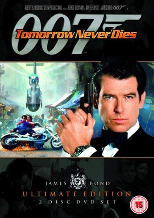 DVD cover of 'Tomorrow Never Dies' featuring James Bond holding a gun with a motorcycle and helicopter in the background.