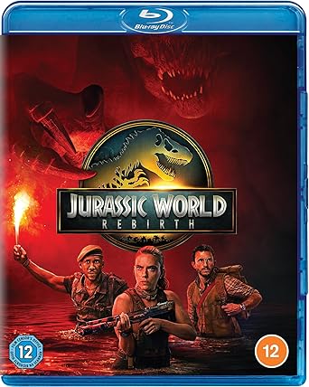 Blu-ray cover of 'Jurassic World: Rebirth' with characters and dinosaur on a red background