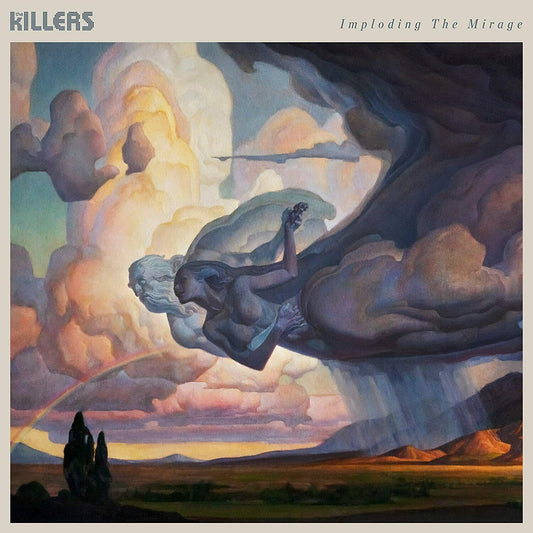 The cover art for 'The Killers Imploding The Mirage' audio CD features a painting of a figure with flowing hair and clouds in the background, indicative of a mystical or fantastical theme.