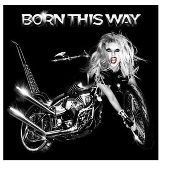 Lady Gaga posed with a motorcycle in the background, suggesting a theme related to the 'Born This Way' album.
