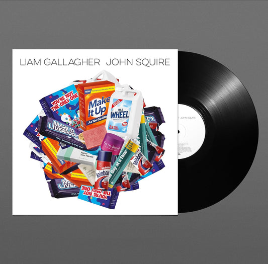 Liam Gallagher John Squire vinyl record with a cover featuring various consumer products.