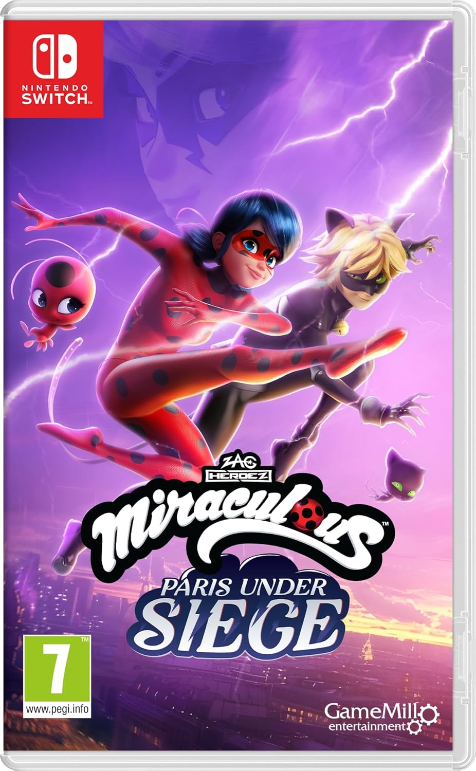 Cover art for the Nintendo Switch game 'Miraculous Paris Under Siege', featuring animated characters in a vibrant fantasy setting.
