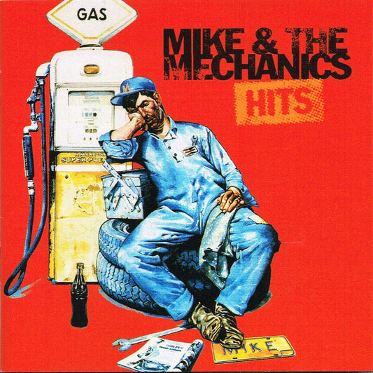 CD cover art featuring an illustration of a man working on a car, with the band name 'Mike & The Mechanics' and the album title 'Hits'.