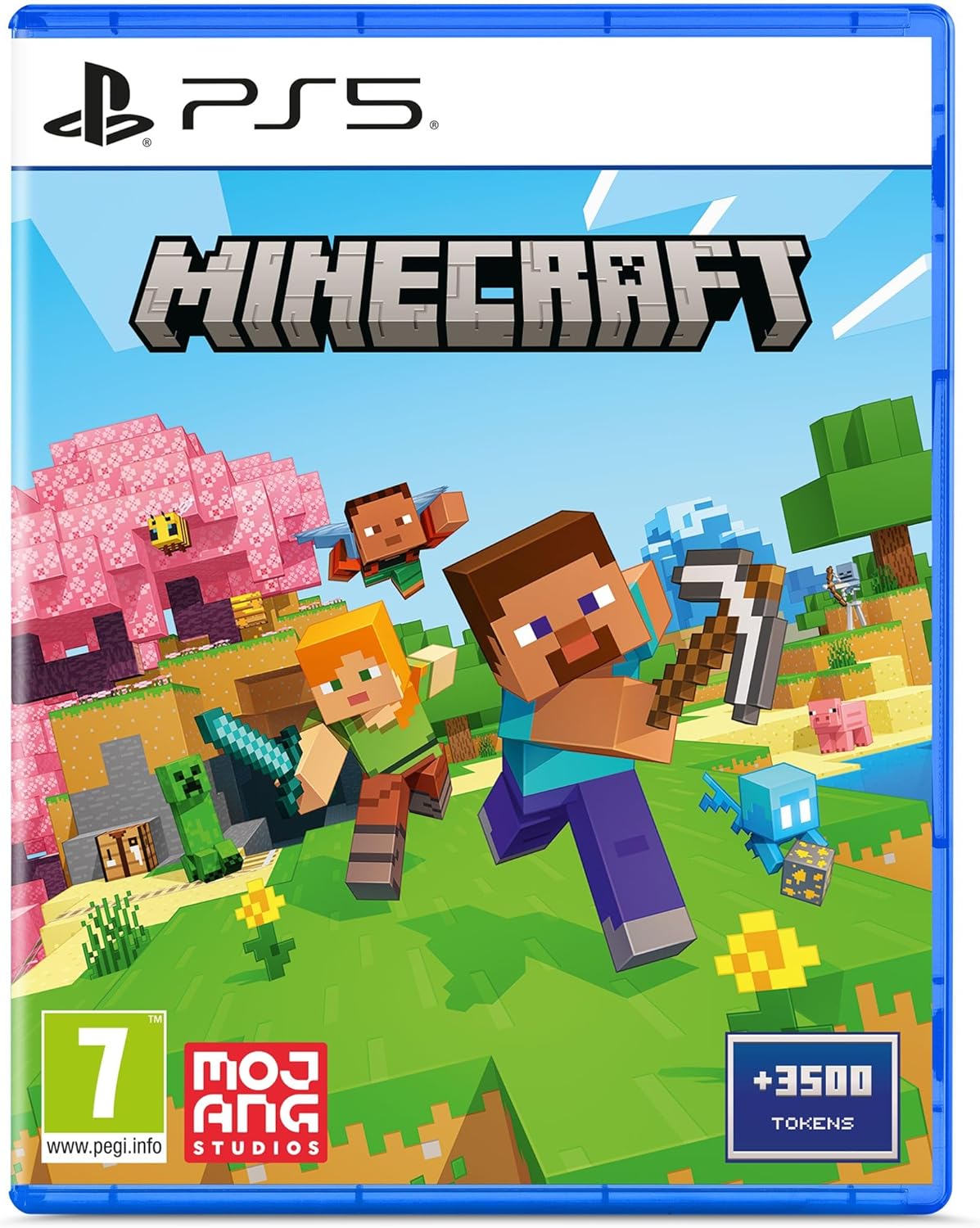 A cover image for the PlayStation 5 version of the Minecraft video game, featuring colorful characters and blocky graphics typical of the game.