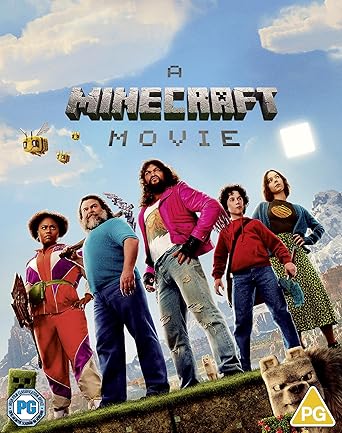 Promotional poster for 'The Minecraft Movie' featuring characters in colorful outfits against a Minecraft-style landscape.