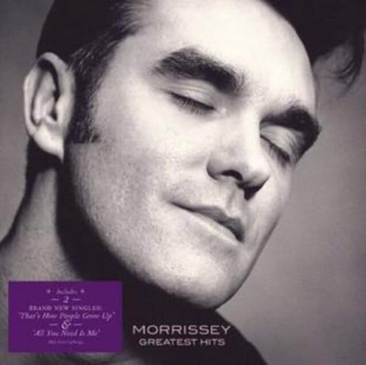Audio CD cover of Morrissey Greatest Hits, showing a close-up portrait of Morrissey with a reflective, thoughtful expression.