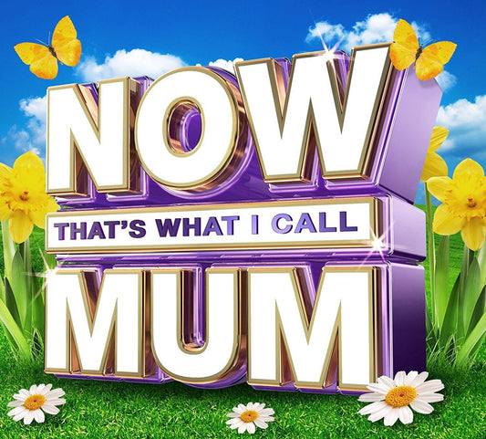 The cover of the 'Now That's What I Call Mum' audio CD features a colorful graphic design with the title text and a background of a field with flowers.