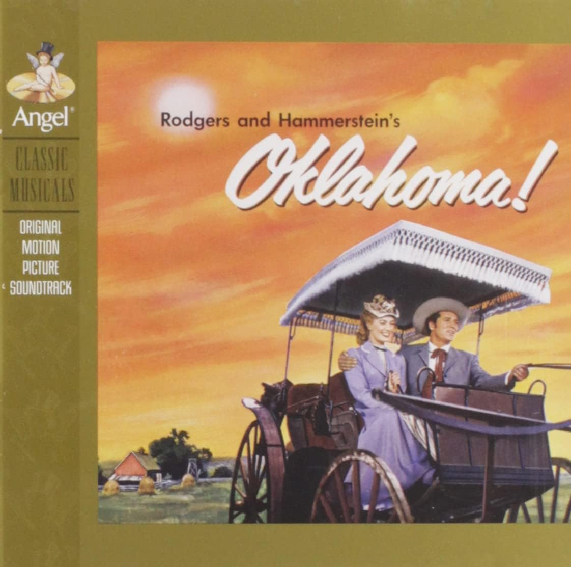 Album cover for 'Oklahoma!' by Rodgers and Hammerstein featuring a couple in a buggy against an orange sky.