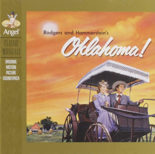 Album cover for 'Oklahoma!' by Rodgers and Hammerstein featuring a couple in a buggy against an orange sky.