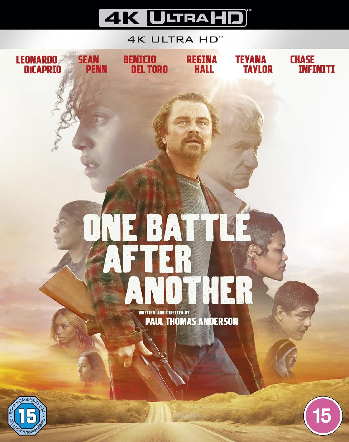 4K Ultra HD movie cover for 'One Battle After Another' with multiple faces and a road in the background.