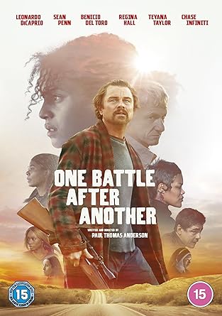 Movie poster for 'One Battle After Another' featuring a central figure with others in the background.