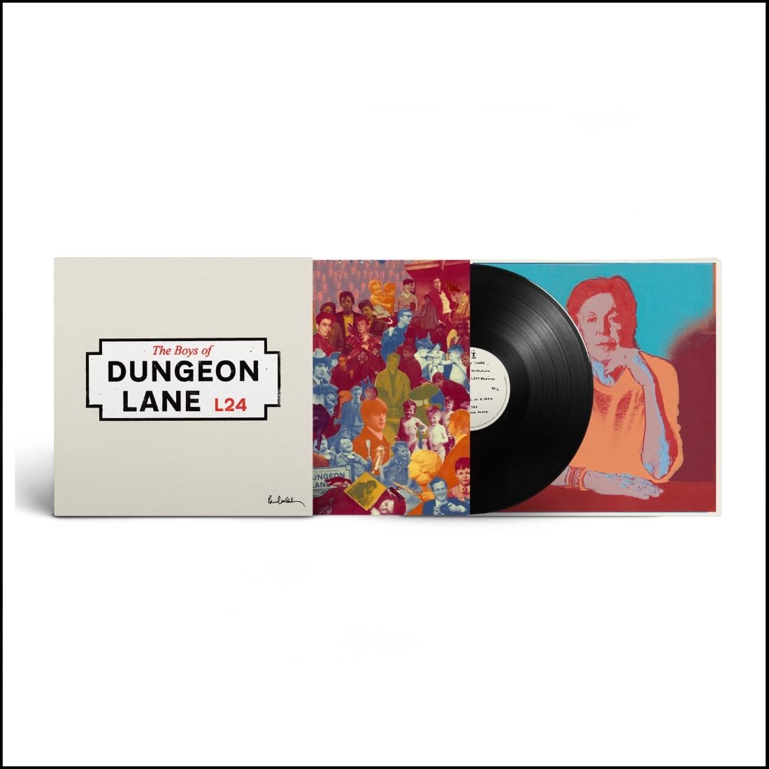 Vinyl record with colorful cover and 'Dungeon Lane' packaging on a white background