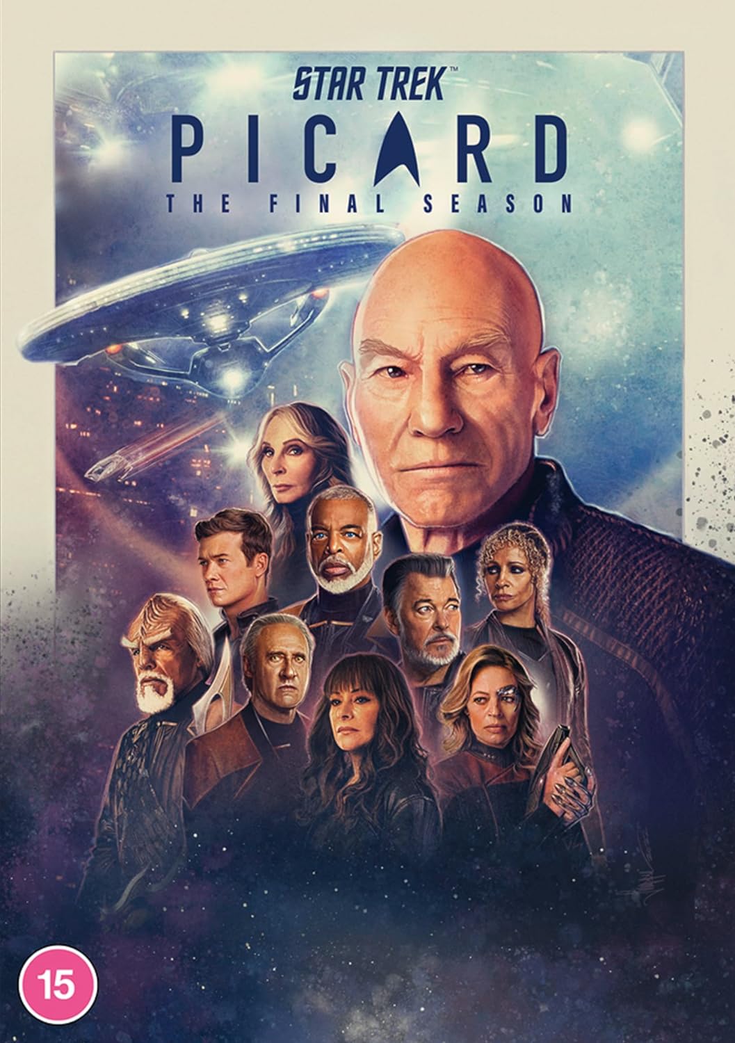 Cover art for Star Trek: Picard - Season Three DVD featuring portraits of the main characters with Captain Jean-Luc Picard at the center, set against a space-themed background with a spaceship.