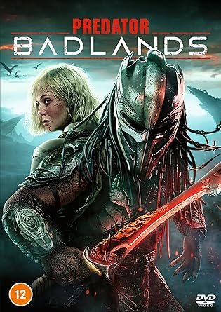 Movie poster for 'Predator Badlands' featuring a woman and a creature with a sword.