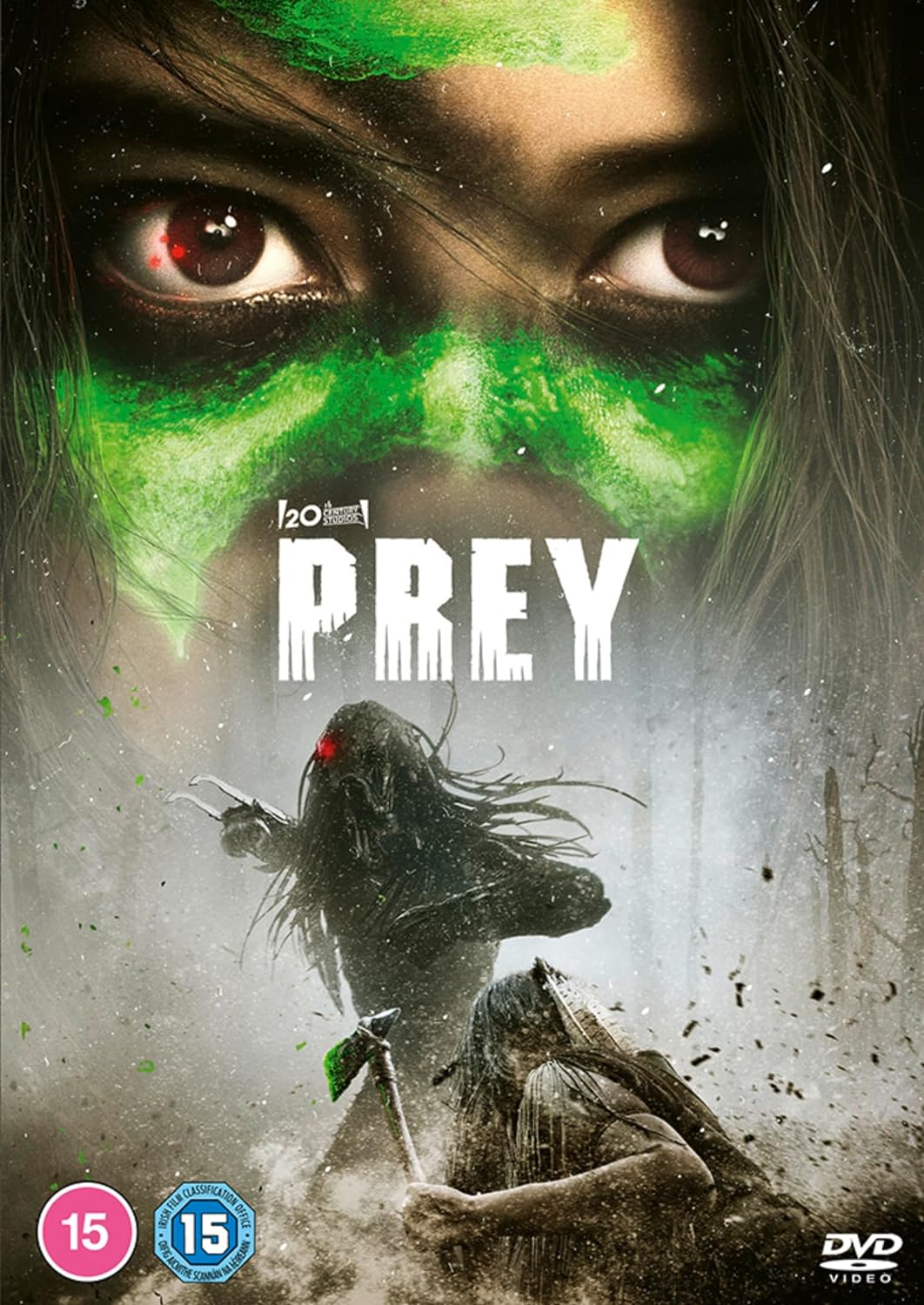 DVD cover for the movie 'Prey' featuring a dark, foggy scene with a character in green makeup and a DVD rating symbol.