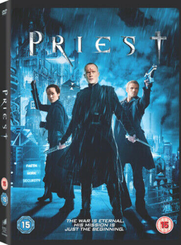 DVD cover for the movie 'Priest' featuring two characters in a dark, urban setting with a dystopian background.