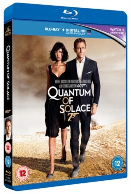 Cover of Quantum of Solace Blu-ray DVD featuring Daniel Craig and Judi Dench with a backdrop of a deserted cityscape.